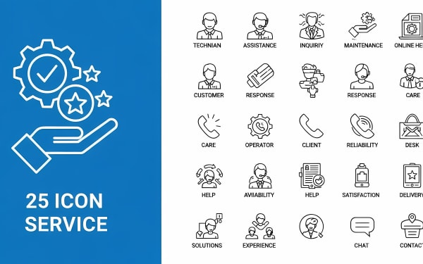 Download this comprehensive set of 25 outline vector icons for customer service, support, and business operations. Ideal for websites and apps.