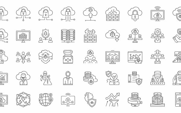 Explore a comprehensive set of cloud data security and cyber protection line vector icons.