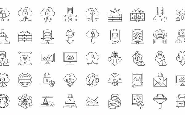 Comprehensive set of cloud security, data protection, and network technology vector icons. Ideal for cybersecurity and IT-related projects.