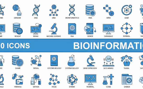Explore this pack of 50 modern, line art vector icons covering bioinformatics, DNA, genetics, and molecular biology concepts.