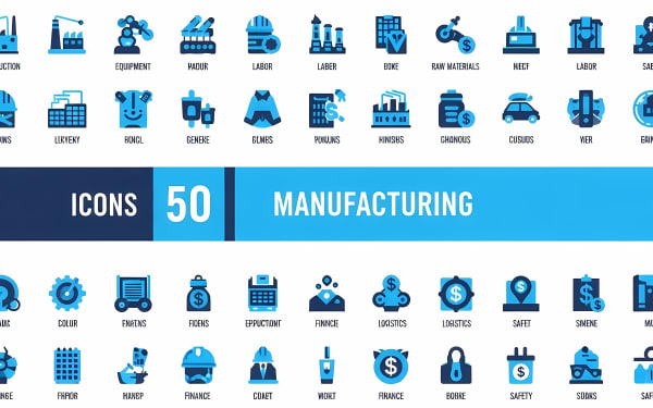 Download this free vector icon pack featuring 50 manufacturing and industrial concepts. Perfect for business, factory, and logistics designs.
