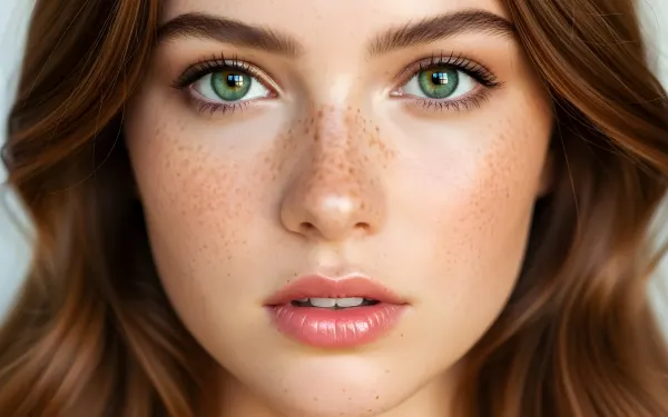 Enhance your creative projects with this stunning portrait featuring a freckled woman and mesmerizing emerald green eyes.