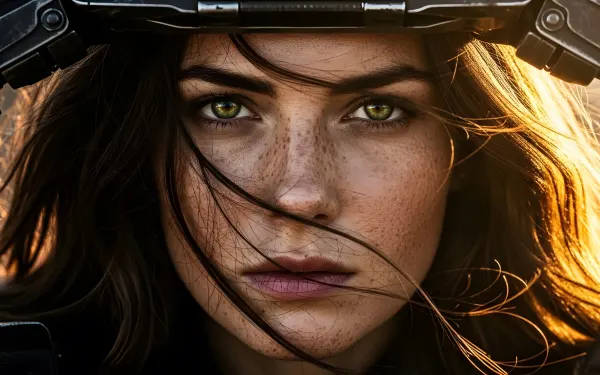 Enhance your project with a striking portrait of a freckled woman under metallic headgear, featuring intense green eyes.