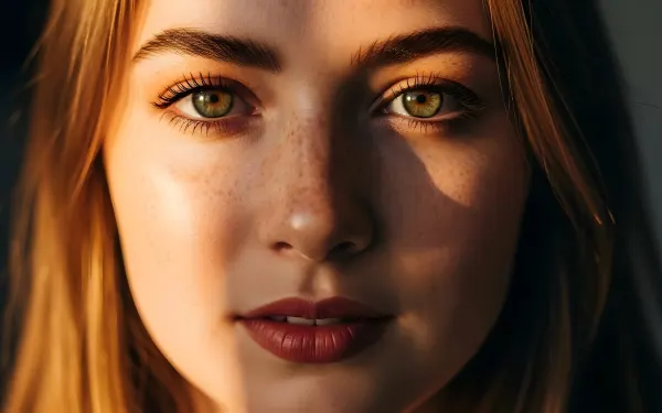 Reveal captivating beauty with this portrait featuring a woman's freckled face and striking green eyes.