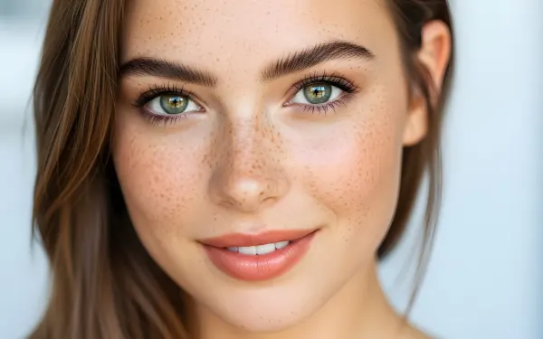 Enhance your project with this premium image featuring a beautiful woman with freckles and striking green eyes.