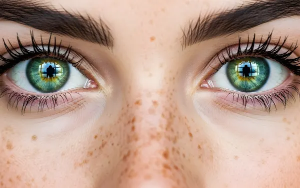 Elevate your project with this detailed close-up of striking green eyes reflecting a silhouette, complemented by freckled skin.
