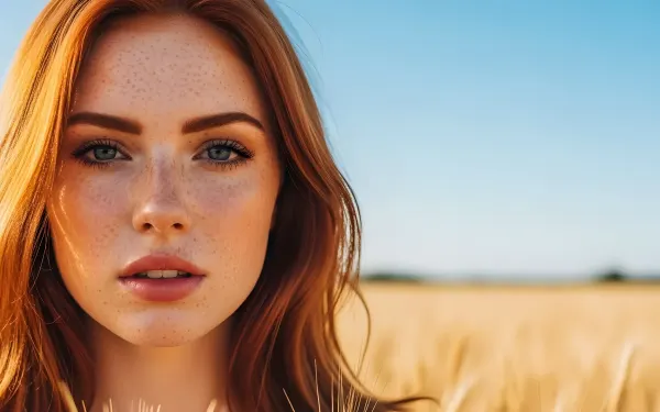 Elevate your project with this striking redhead woman portrait in a sunlit wheat field.
