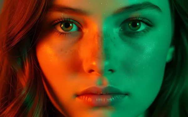 Capture otherworldly beauty using this striking portrait, bathed in contrasting hues and glistening with ethereal shimmer.