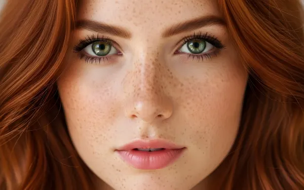 Elevate your visuals with this stunning redhead woman featuring captivating green eyes and delicate freckles.