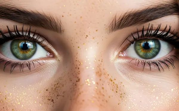 Enhance your designs with this captivating close-up of green eyes and golden freckles.