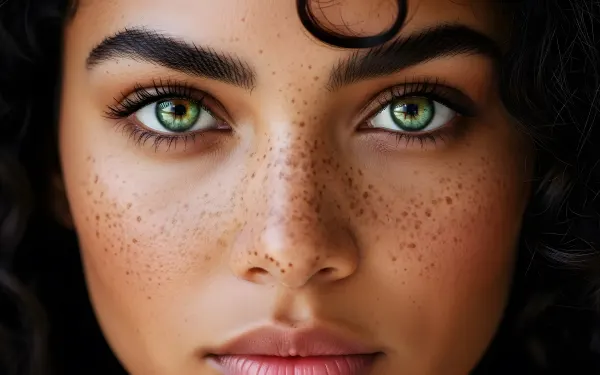 Elevate your creative project with this detailed portrait of a woman featuring striking green eyes and freckles.
