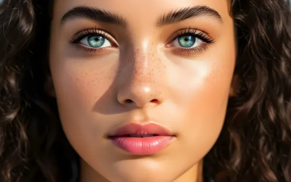 Elevate your projects with this high-resolution portrait of a woman featuring captivating blue eyes and delicate freckles.