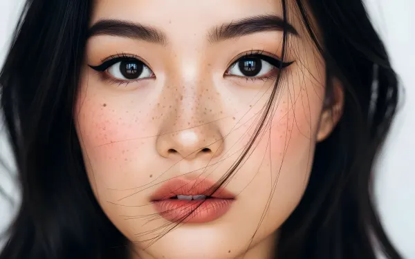 Enhance your designs with this close-up image of a woman with delicate freckles and flawless makeup. Perfect for high-end cosmetic campaigns.