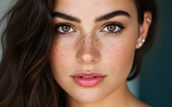 Elevate your designs with this stunning close-up of a freckled woman, featuring captivating hazel eyes and soft brown hair.
