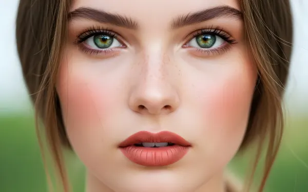 Enhance your creative projects with this realistic portrait featuring a woman's captivating green eyes and soft freckles, perfect for beauty and 