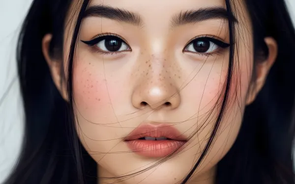 Elevate your project with this detailed portrait of an Asian woman, showcasing her freckles and makeup.