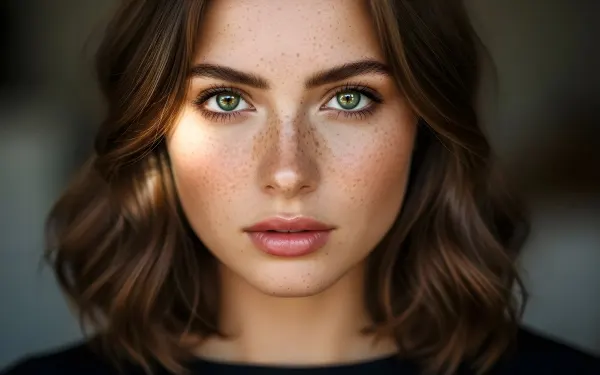 Enhance your project with this captivating portrait featuring a freckled woman with striking green eyes, perfect for adding authentic beauty and 