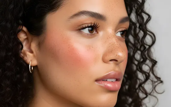 Showcase captivating beauty with this stunning close-up featuring a woman's freckled skin and radiant, glossy lips.