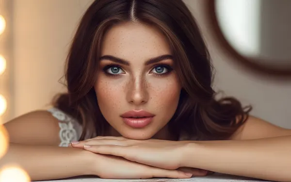 Elevate your project with this portrait of a beautiful woman with freckles and captivating eyes.