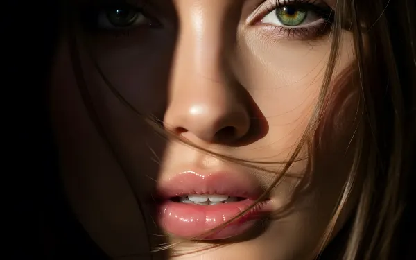 Elevate your visual projects with this striking close-up featuring captivating green eyes and glossy lips.