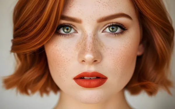Enhance your designs with a stunning portrait of a freckled redhead, offering unique beauty and versatility. Perfect for high-fashion editorials.