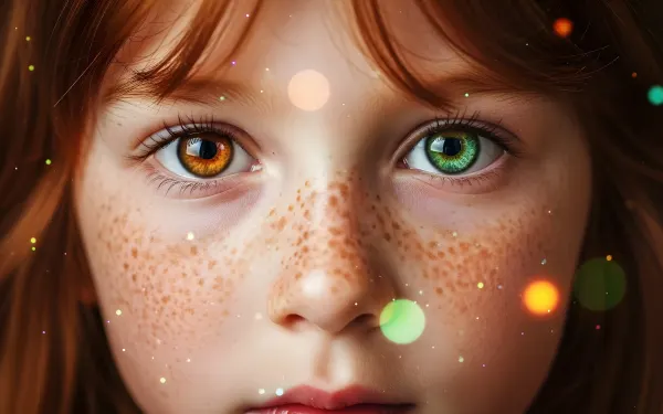 Explore a captivating close-up of a girl with heterochromia, showcasing freckles and dreamy bokeh.