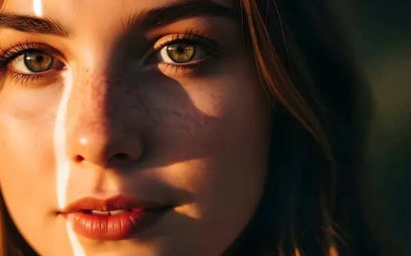 Capture ethereal beauty with this striking close-up featuring a woman's freckled face bathed in radiant golden hour light.