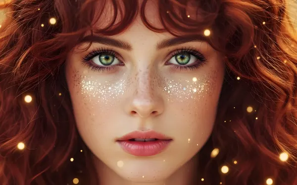 Elevate your designs with this ethereal portrait featuring a freckled redhead and glittering accents.