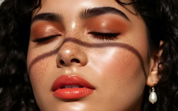 Elevate your designs with this close-up of a woman's face featuring radiant makeup.