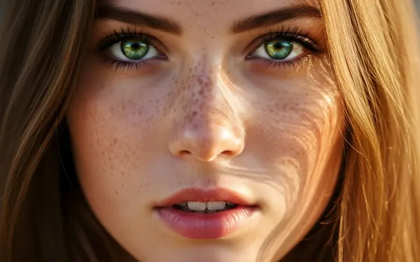 Elevate your project with this close-up of a beautiful woman showcasing vibrant green eyes and delicate freckles.
