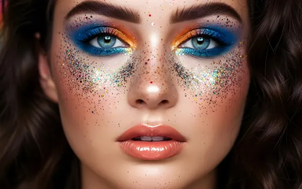 Elevate your beauty campaigns with this stunning image of a woman featuring bold eyeshadow and glitter accents.