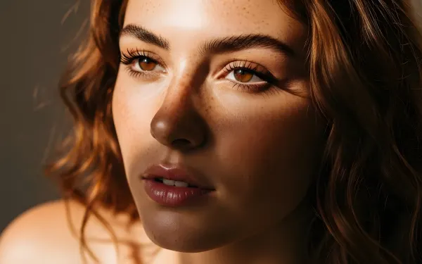 Enhance your project with this radiant image of a woman's face featuring auburn hair and freckled skin in sunlit ambiance.
