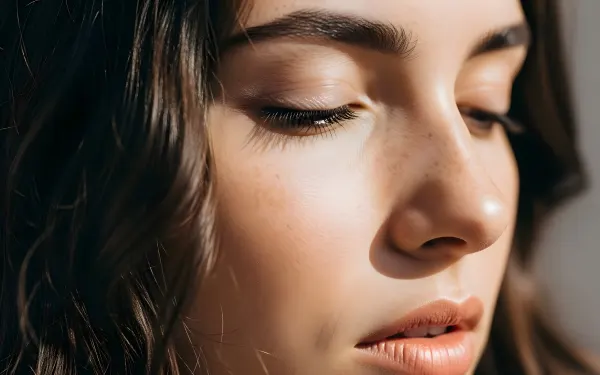 Elevate your designs with this close-up of a woman's face, showcasing natural beauty and soft lighting.