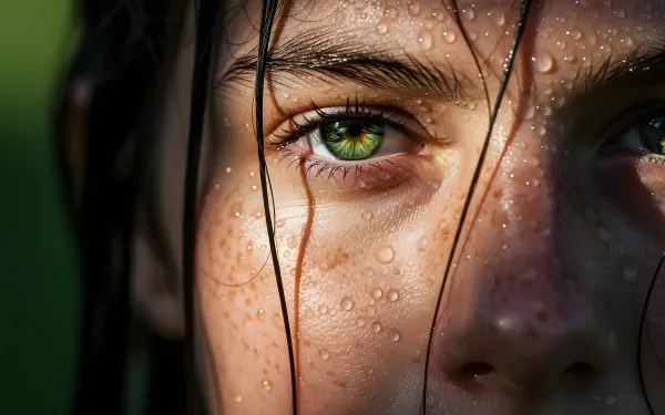 Enhance your project with this close-up of a woman's face featuring striking green eyes and water droplets.