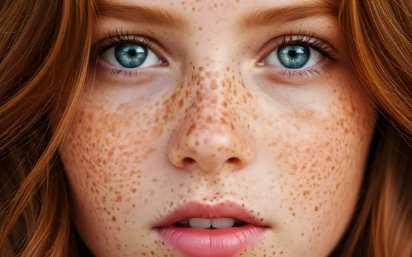 Showcase natural beauty with this redhead woman's striking portrait, highlighting unique freckles and vibrant eyes.