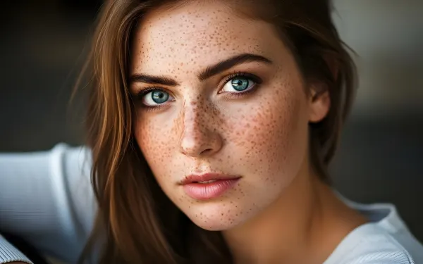Elevate your creative project with this portrait of a captivating freckled woman, perfect for high-fashion editorials and beauty campaigns.
