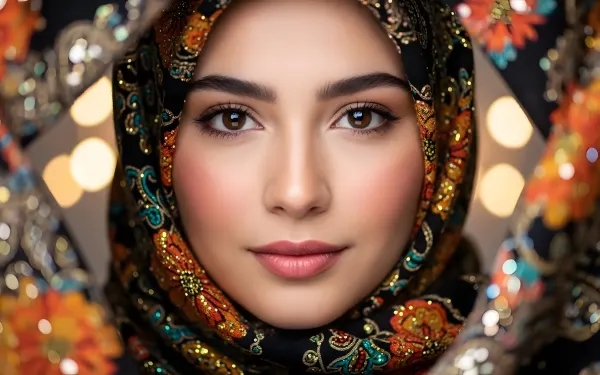 Elevate your designs with this striking portrait of a woman in a beautifully embroidered hijab.