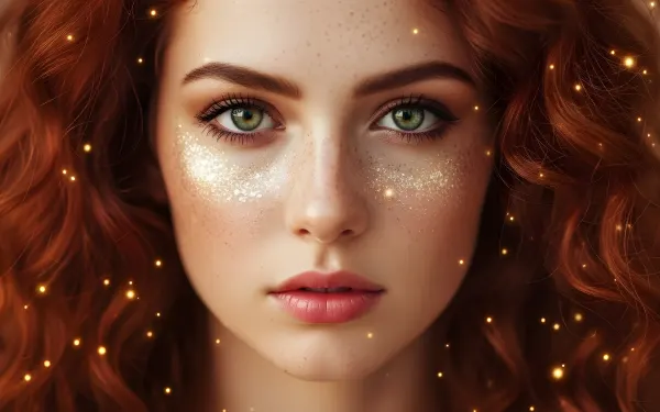 Elevate your designs with this stunning image of a redhead woman accented with glitter, ideal for beauty or fantasy projects.
