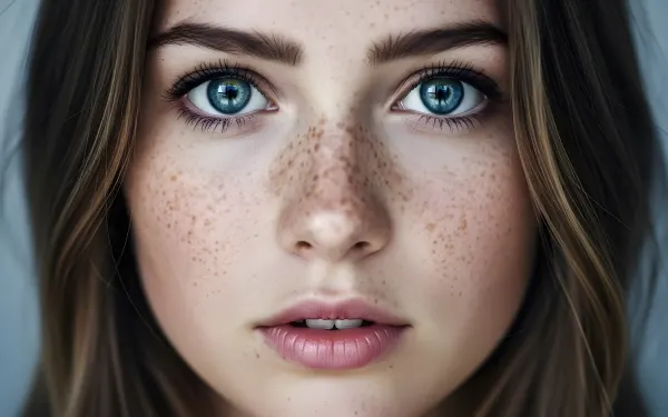 Elevate your visuals with a freckled portrait in hyperrealistic style. Perfect premium design asset for beauty and skincare branding initiatives.