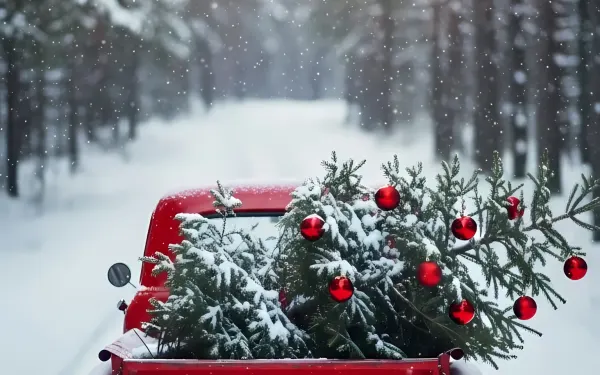 Evoke holiday warmth with this charming red truck image featuring festive Christmas trees. Ideal for seasonal greeting cards and winter promotions. Ready for instant commercial use.