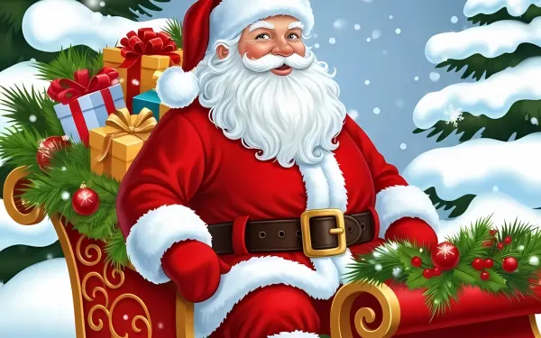 Enhance your designs with this festive Santa illustration featuring presents and snowy fir trees, perfect for creating magical Christmas projects. Ready for holiday cheer.