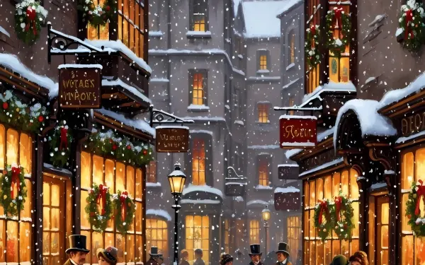 Immerse in a Victorian-era winter scene featuring festive wreaths and snow-covered buildings. Perfect for nostalgic holiday designs and high-end branding.