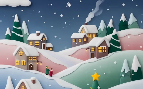 Enhance your holiday projects with this whimsical winter village illustration, featuring a playful style and charming details. Perfect for seasonal greeting cards.