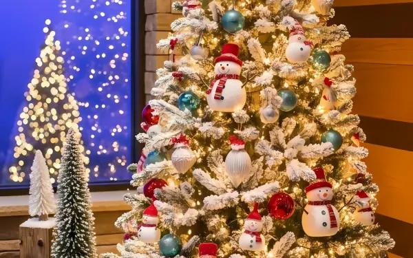 Elevate your holiday designs with this festive Christmas tree featuring cheerful snowman ornaments. Perfect for high-resolution Christmas projects.