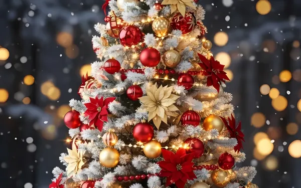 Elevate your holiday designs with this beautifully adorned Christmas tree featuring festive red and gold ornaments and soft bokeh. Perfect for high-end holiday campaigns.