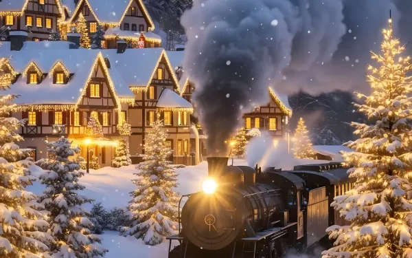 Evoke holiday magic with this snowy village scene featuring a steam train! Scalable illustration perfect for winter-themed designs and festive projects.