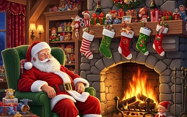 Elevate your designs with this heartwarming scene of Santa resting amidst Christmas cheer. Ideal for holiday promotions and capturing seasonal magic perfectly.