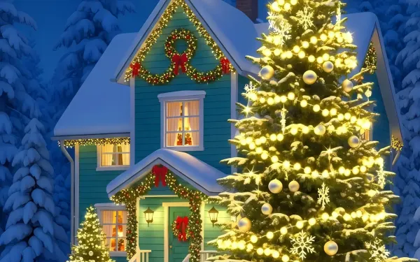 Elevate your holiday designs with this charming Christmas scene featuring a decorated house and tree. Perfect for creating heartwarming seasonal content.