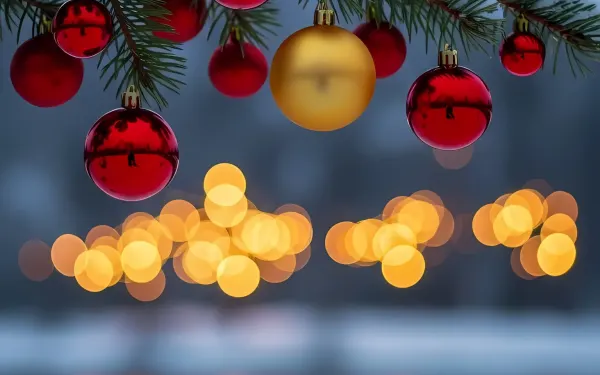 Elevate your holiday designs with this festive image of Christmas ornaments on a snow-covered branch, bokeh lights and water reflection. Perfect for seasonal campaigns.