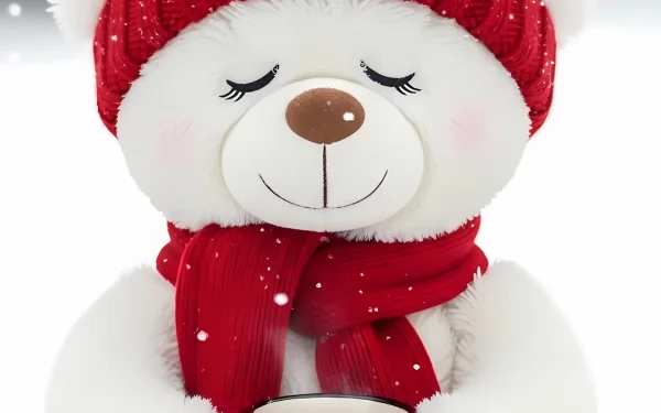 Elevate your holiday designs with this charming teddy bear featuring a snowflake mug. Perfect for seasonal greetings and cozy winter themes.